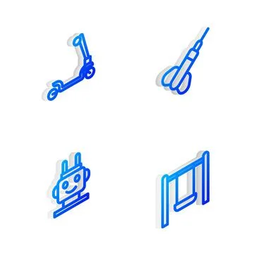 Set Isometric line Dart arrow, Roller scooter, Robot toy and Swing icon. Vect Stock Illustration