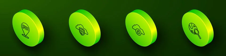 Set Isometric line Data analysis, Cloud and shield, computing lock and Search Stock Illustration