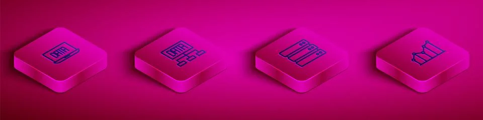 Set Isometric line Data analysis, Server and Pie chart infographic icon. Vect Stock Illustration