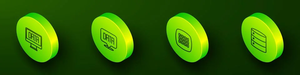 Set Isometric line Data analysis, Binary code and Server icon. Vector Stock Illustration