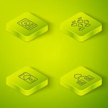 Set Isometric line Data stream, Cloud technology data transfer, and Hard disk Stock Illustration