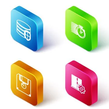 Set Isometric line Database protection, Stopwatch, Floppy disk and Server Illustrazione stock