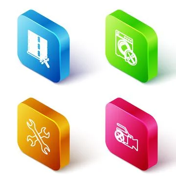 Set Isometric line Database server service, Washer, Crossed wrenchs and Video Illustrazione stock