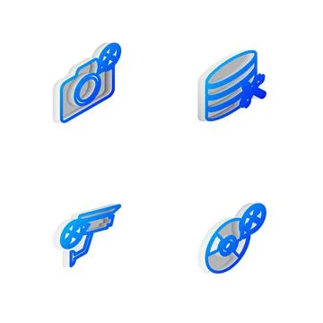 Set Isometric line Database server service, Photo camera, Security and CD or DVD Stock Illustration