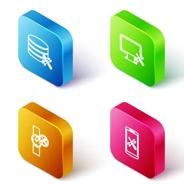 Set Isometric line Database server service, Computer monitor, Wrist watch and イラスト素材