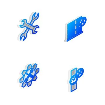 Set Isometric line Database server service, Crossed wrenchs, Wrench and screw Illustrazione stock