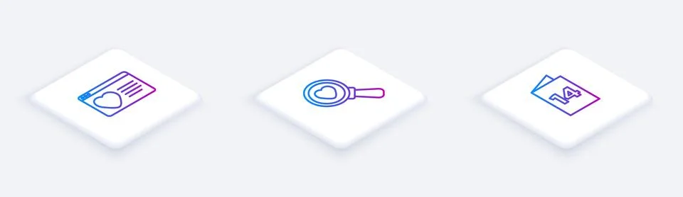 Set Isometric line Dating app online, Search heart and love and Greeting card Stock Illustration