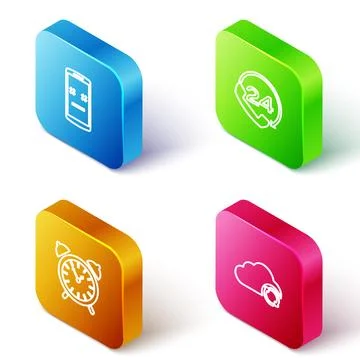 Set Isometric line Dead mobile, Telephone 24 hours support, Alarm clock and C Stock Illustration