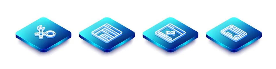 Set Isometric line Debugging, Software, Loading data window and Keyboard icon Illustrazione stock