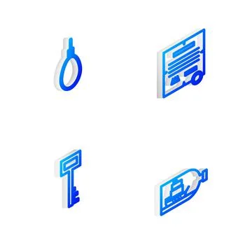 Set Isometric line Decree, parchment, scroll, Gallows rope loop hanging, Pirate Stock Illustration