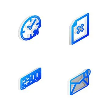 Set Isometric line Delete file document, Clock 24 hours, Digital alarm clock and Stock Illustration