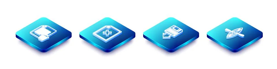 Set Isometric line Delete file document, , Floppy disk backup and Kayak and Stock Illustration