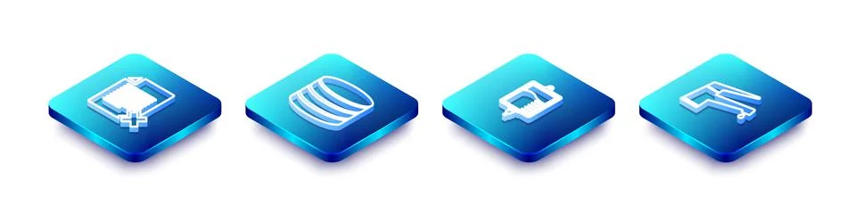 Set Isometric line Delete file document, Database, IV bag and Water tap icon Illustrazione stock