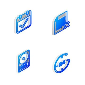 Set Isometric line Delete file document, Calendar with check mark, Hard disk Stock Illustration