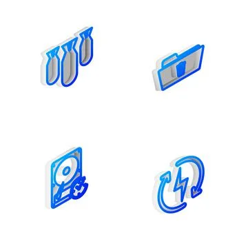 Set Isometric line Delete folder, Aviation bombs, Hard disk drive with clockwise Stock Illustration