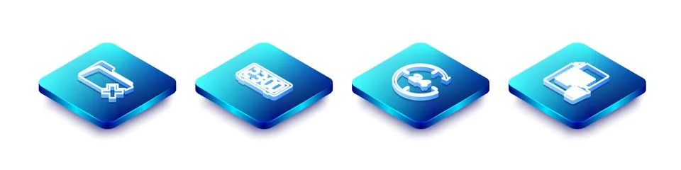 Set Isometric line Delete folder, Digital alarm clock, Clock 24 hours and file Stock Illustration