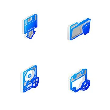 Set Isometric line Delete folder, Floppy disk backup, Hard drive HDD protection Stock Illustration