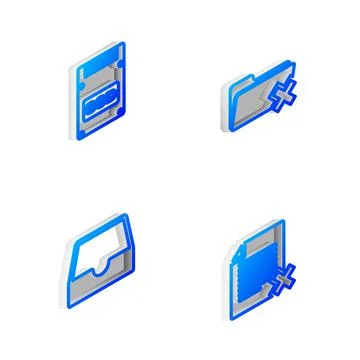 Set Isometric line Delete folder, SSD card, Social media inbox and file document Stock Illustration