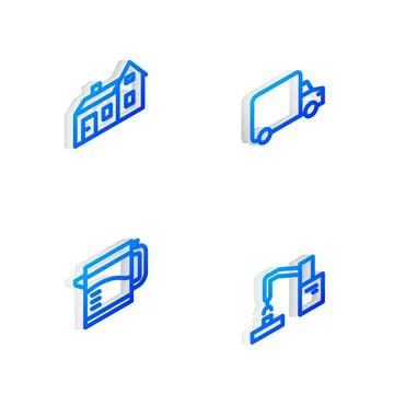 Set Isometric line Delivery cargo truck, House, Electric kettle and Robotic Ilustración de archivo