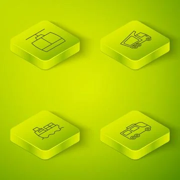 Set Isometric line Delivery cargo truck, Cargo ship with boxes delivery, Bus and 스톡 일러스트