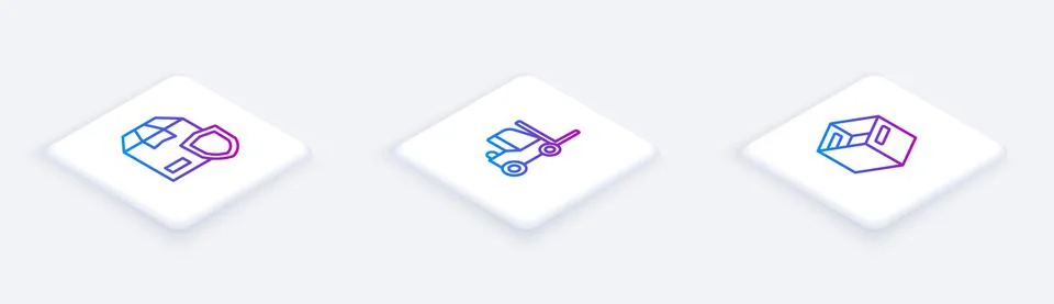 Set Isometric line Delivery security with shield, Forklift truck and Carton Illustrazione stock