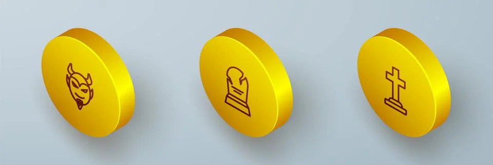 Set Isometric line Devil head, Tombstone with RIP written and cross icon. Vector Stockillustratie