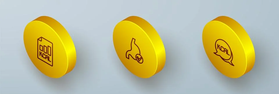 Set Isometric line Diet plan, Human stomach health and Kcal icon. Vector Stock Illustration