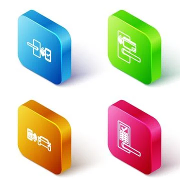 Set Isometric line Digital door lock with wireless, , Smart car alarm system  Stock Illustration
