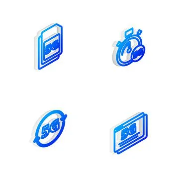 Set Isometric line Digital speed meter 5G, Sim Card, network and icon. Vector 스톡 일러스트