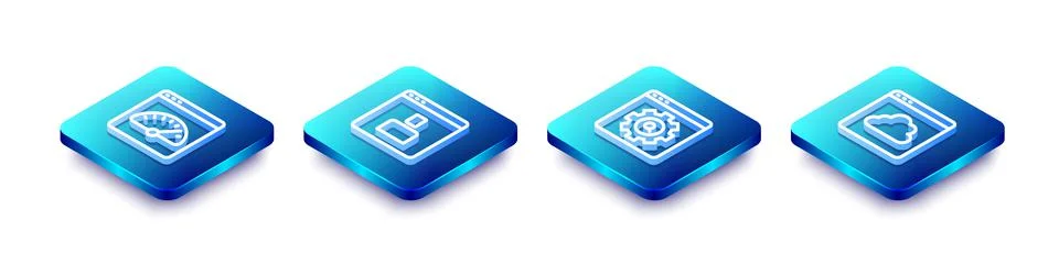 Set Isometric line Digital speed meter, Create account screen, Browser setting Stock Illustration