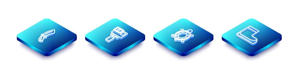 Set Isometric line Diving knife, Action extreme camera, Turtle and Boots icon Illustrazione stock