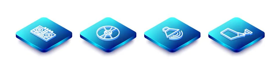 Set Isometric line DJ remote and mixing music, CD or DVD disk, Speaker volume Stock Illustration