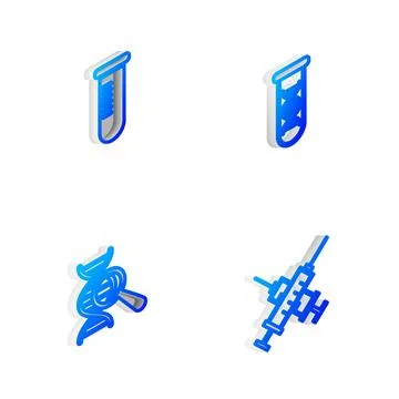 Set Isometric line DNA research, search, Test tube or flask,  and Crossed syr Stock Illustration
