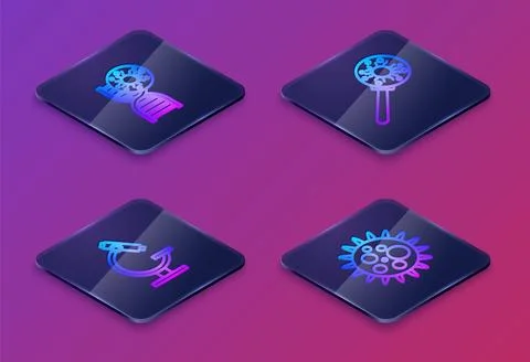 Set Isometric line DNA symbol and virus, Microscope, Virus under magnifying Stock Illustration