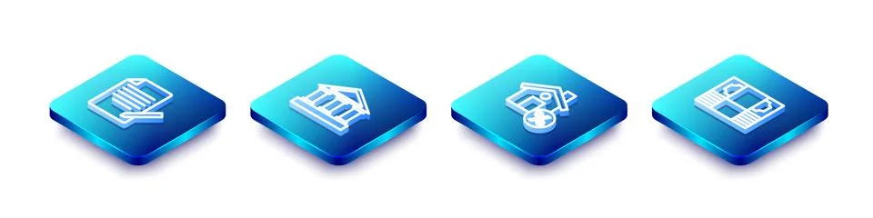 Set Isometric line Document and pen, Bank building, House with percant discount Ilustración de archivo
