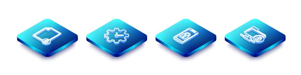Set Isometric line Document and lock, Time Management, Smartphone with and FTP Illustrazione stock