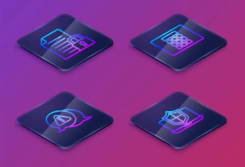 Set Isometric line Document and lock, Exclamation mark in triangle, Password Stock Illustration