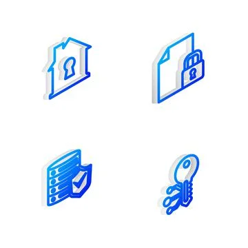 Set Isometric line Document and lock, House under protection, Server with shield Illustrazione stock