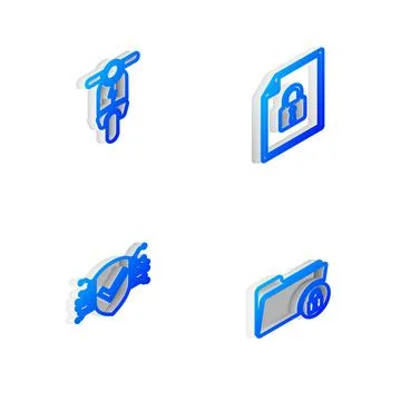 Set Isometric line Document and lock, Electric scooter, Cyber security and Illustrazione stock