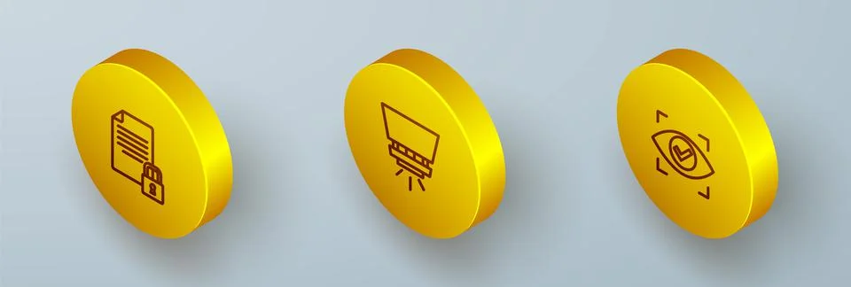 Set Isometric line Document and lock, Fire sprinkler system and Eye scan icon Illustrazione stock