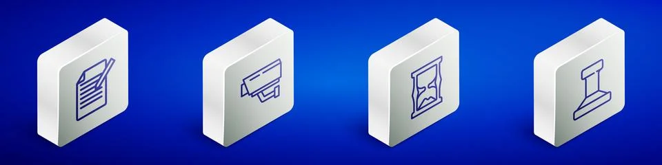 Set Isometric line Document and pen, Security camera, Old hourglass and Sta.. Illustrazione stock