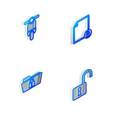 Set Isometric line Document and lock, Scooter, Folder and Open padlock icon.  Stock Illustration