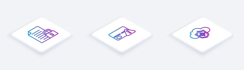 Set Isometric line Document and lock, Credit card and Cloud shield. White s.. Illustrazione stock