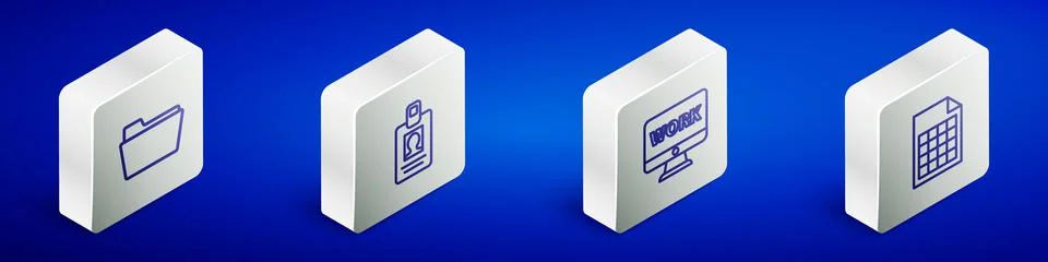 Set Isometric line Document folder, Identification badge, Monitor with text work Illustrazione stock