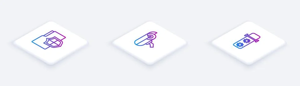 Set Isometric line Document folder protection, Security camera and Password Illustrazione stock