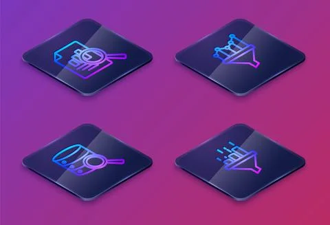 Set Isometric line Document with graph chart, Server, Sales funnel and . Blue Illustrazione stock