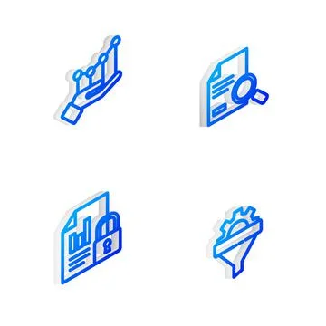 Set Isometric line Document with search, Pie chart infographic, and lock and Illustrazione stock