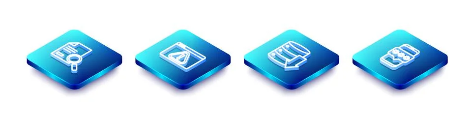Set Isometric line Document with search, Browser exclamation mark, Server, Data Stock Illustration
