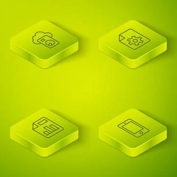Set Isometric line Document settings, with graph chart, Mobile phone and Cloud Stock Illustration
