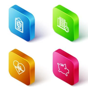 Set Isometric line Document with shield, Fire in burning house, Health insurance Stock Illustration